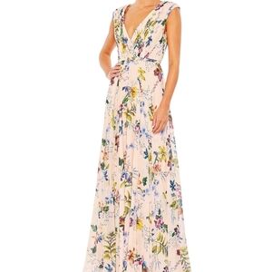 NEW...MAC DUGGAL GOWN PLEATED FLORAL CAP SLEEVE A-LINE PINK MULTI ...Size 12